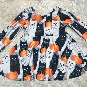 Adorable Cat and Pumpkin Print Kids Dress